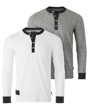 Long Sleeve Casual Henley Shirts With Contrast Neck and Cuffs Set of 2