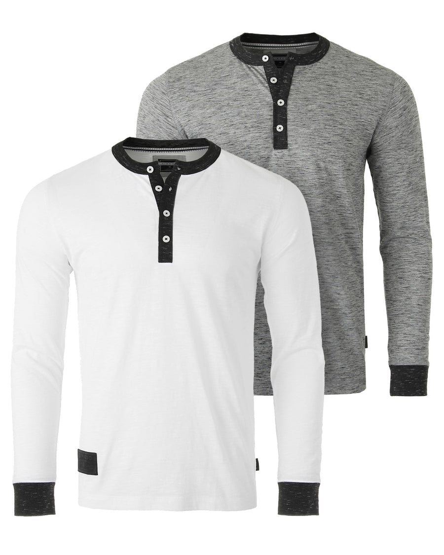 Long Sleeve Casual Henley Shirts With Contrast Neck and Cuffs Set of 2