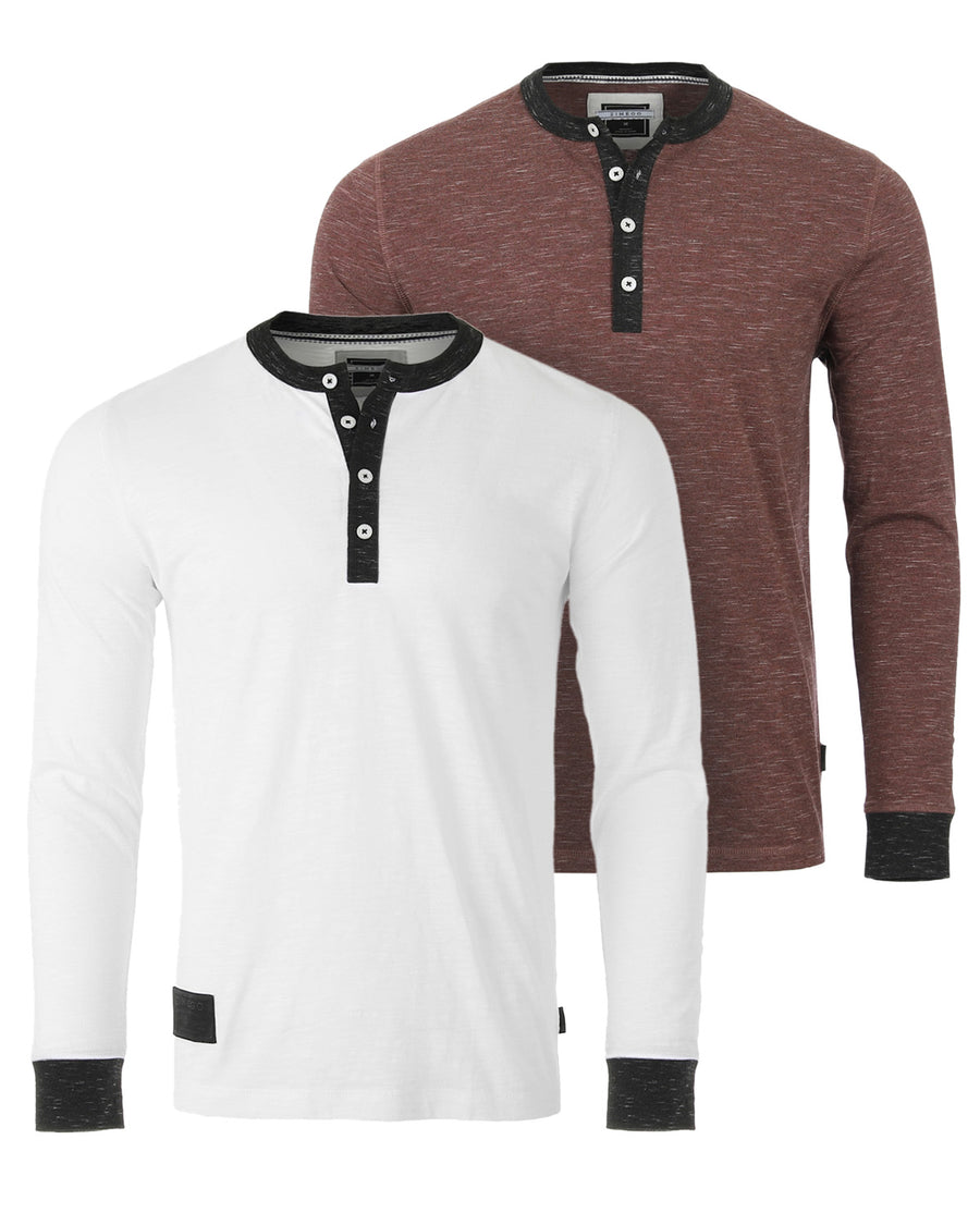 Long Sleeve Casual Henley Shirts With Contrast Neck and Cuffs Set of 2