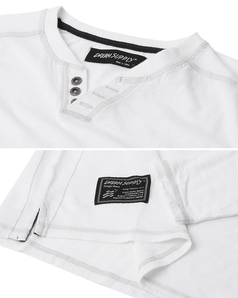 ZIMEGO Mens Long Sleeve V-Neck Henley Oil Wash Contrast Seam Vintage Shirt - Silver Grey