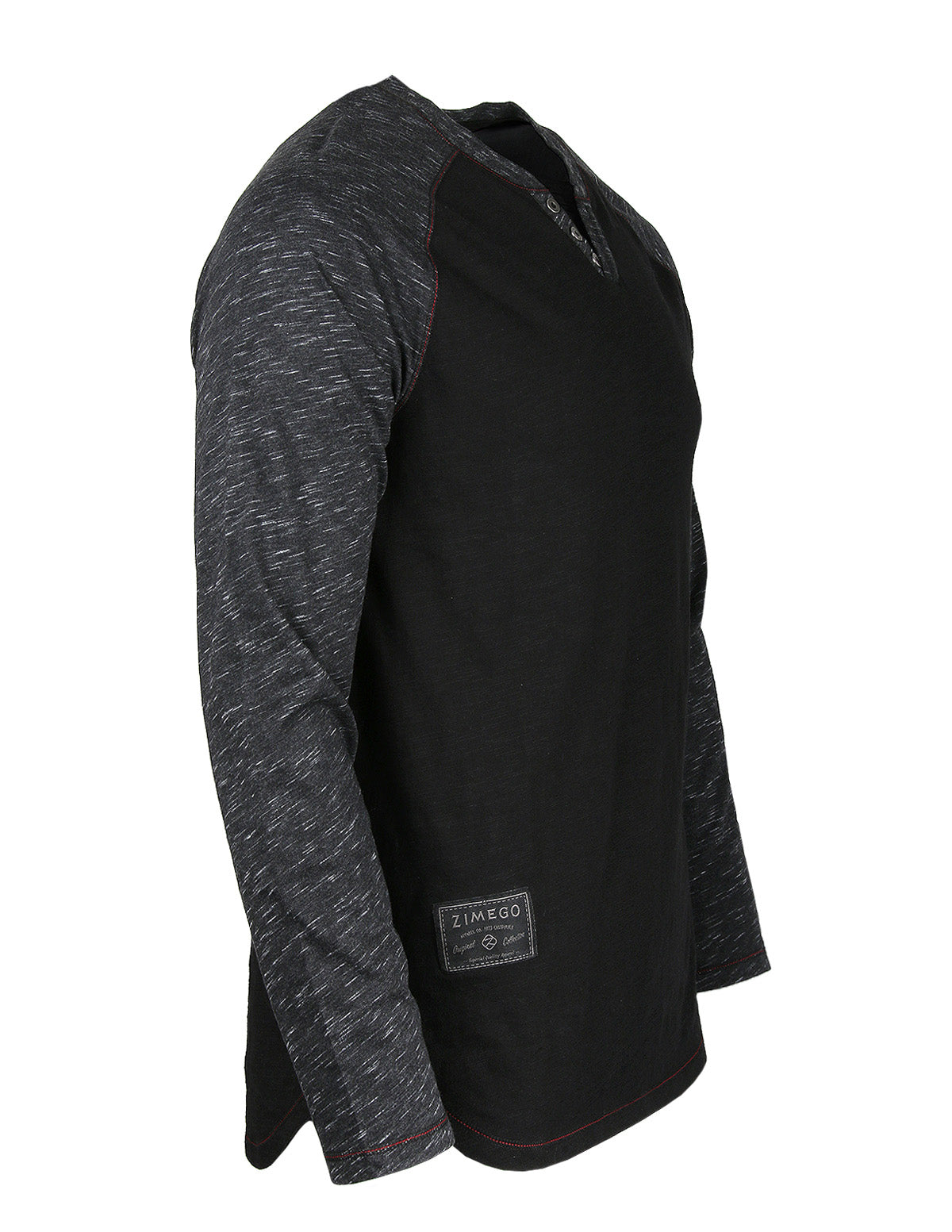 ZIMEGO Long Sleeve Contrast Raglan Henley V-Neck T-Shirts BLK-BLK - ZIMEGO Apparel
