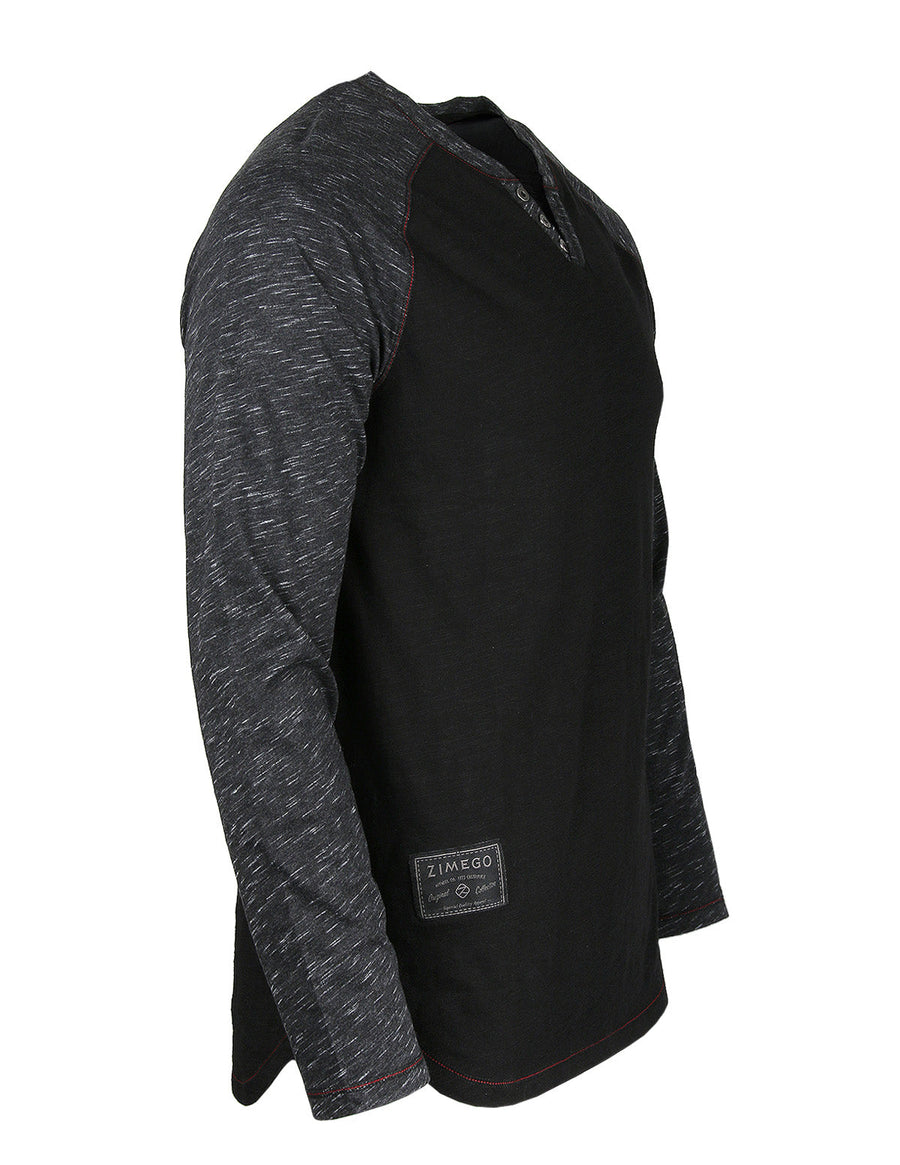 ZIMEGO Long Sleeve Contrast Raglan Henley V-Neck T-Shirts BLK-BLK - ZIMEGO Apparel