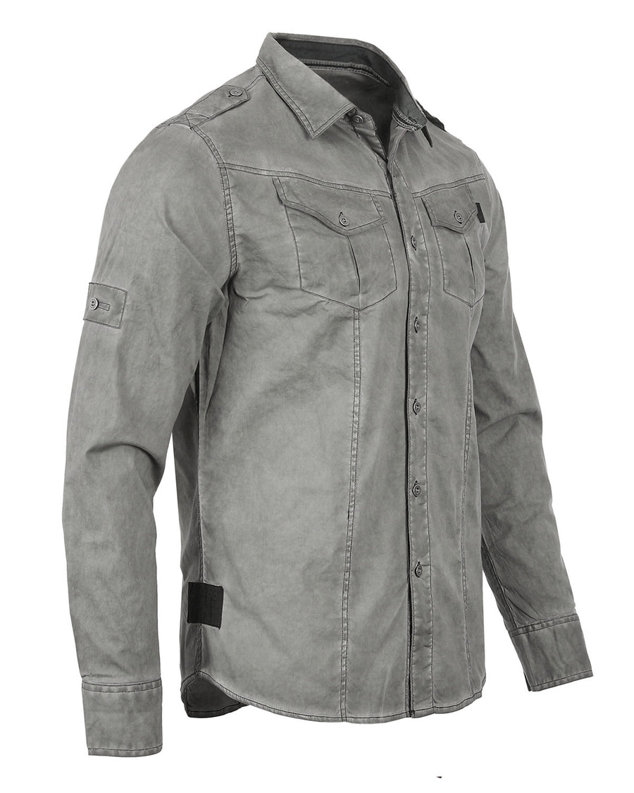 ZIMEGO Camisas con botones de moda resistentes vintage lavadas en color con manga enrollable elástica para hombre 