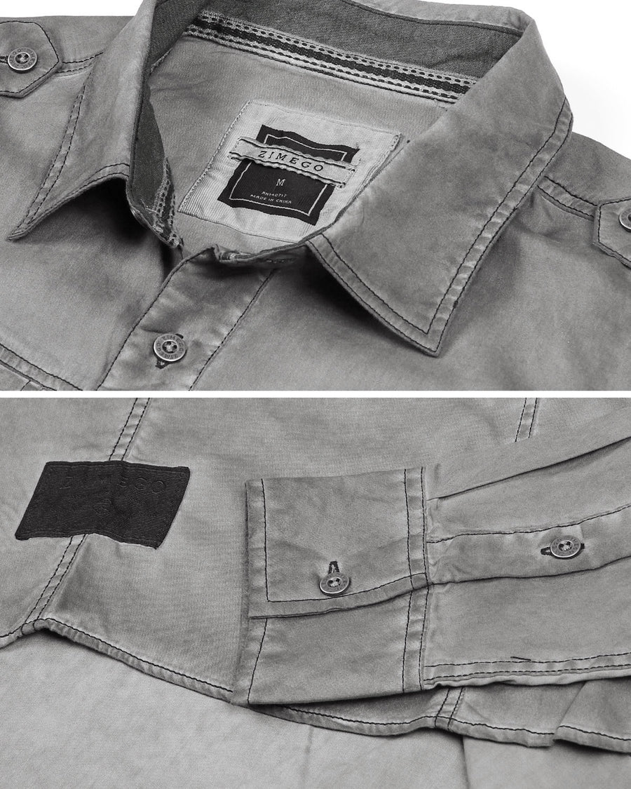 ZIMEGO Camisas con botones de moda resistentes vintage lavadas en color con manga enrollable elástica para hombre 