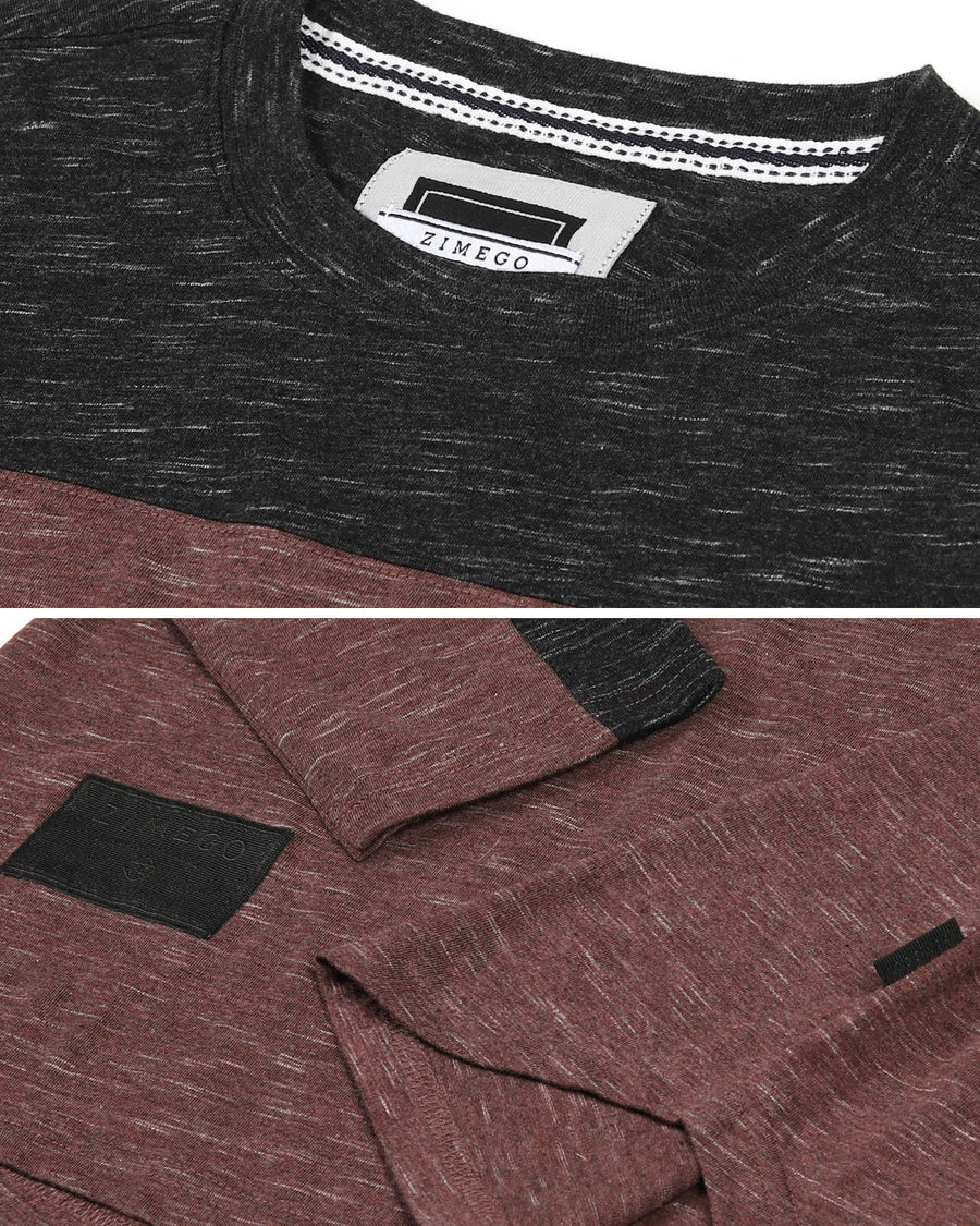 Athletic Color Block Long Sleeve Curved Hemline Casual Shirt (Maroon)