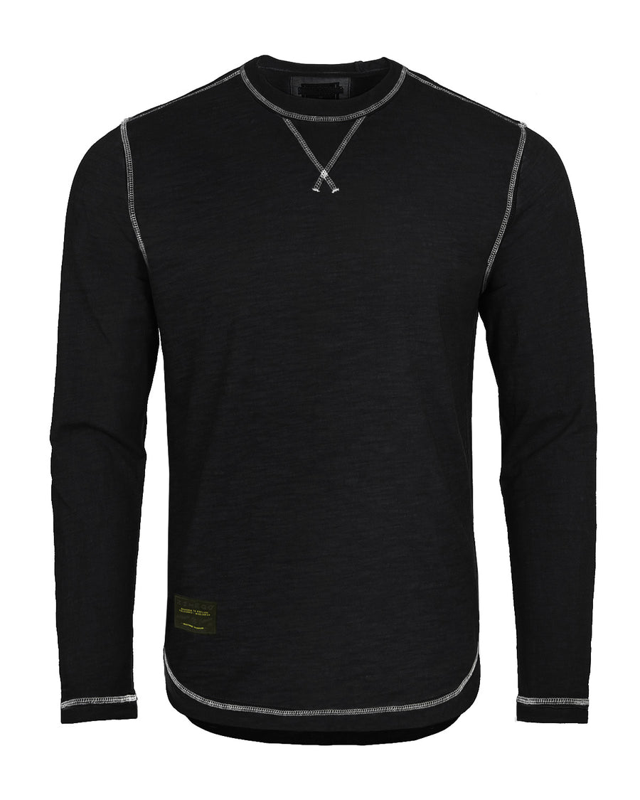 NUEVO: camiseta de manga larga con cuello redondo y lavado vintage para hombre con dobladillo inferior curvado 