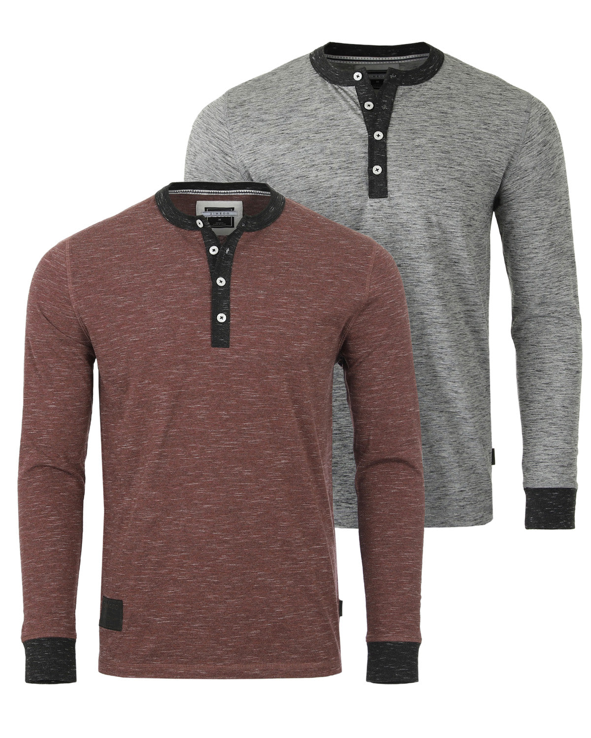 Long Sleeve Casual Henley Shirts With Contrast Neck and Cuffs Set of 2 - ZIMEGO Apparel