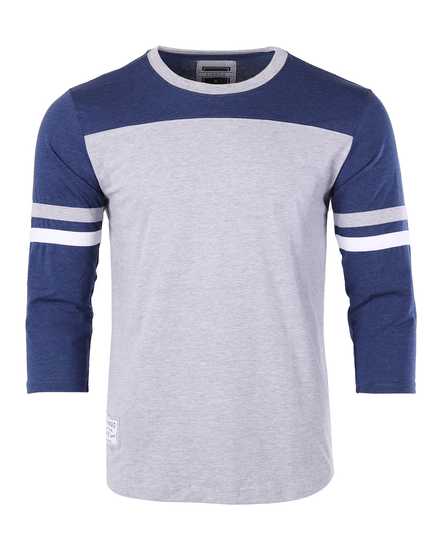Contrast 3/4 Sleeve Stretch Casual Baseball Crew Neck T-Shirts (Grey/Navy)
