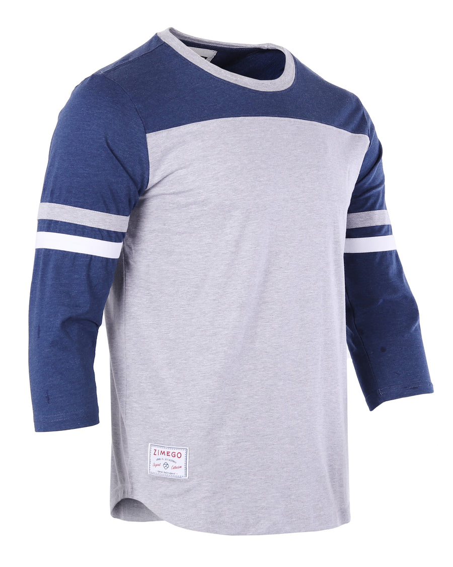 Contrast 3/4 Sleeve Stretch Casual Baseball Crew Neck T-Shirts (Grey/Navy)