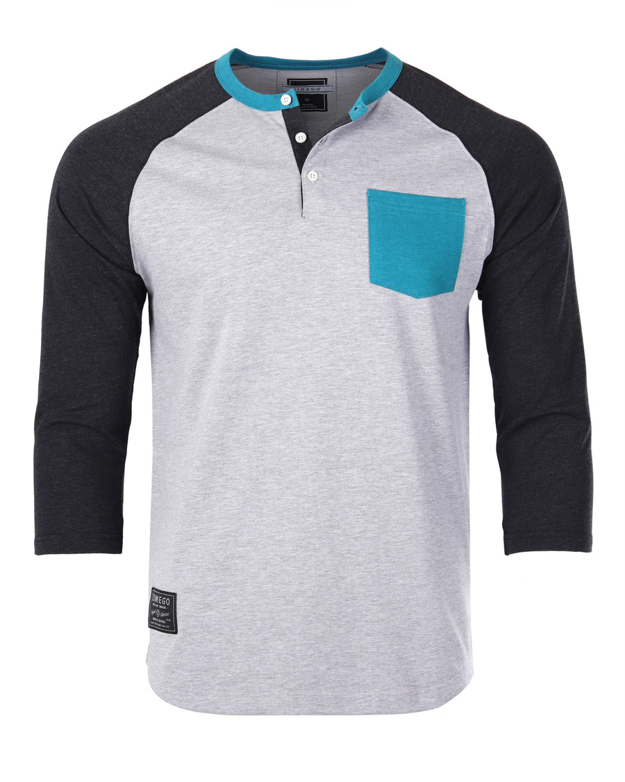 Contrast 3/4 Sleeve Stretch Casual Baseball Button Henley (Grey/Black)