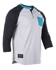 Contrast 3/4 Sleeve Stretch Casual Baseball Button Henley (Grey/Black)
