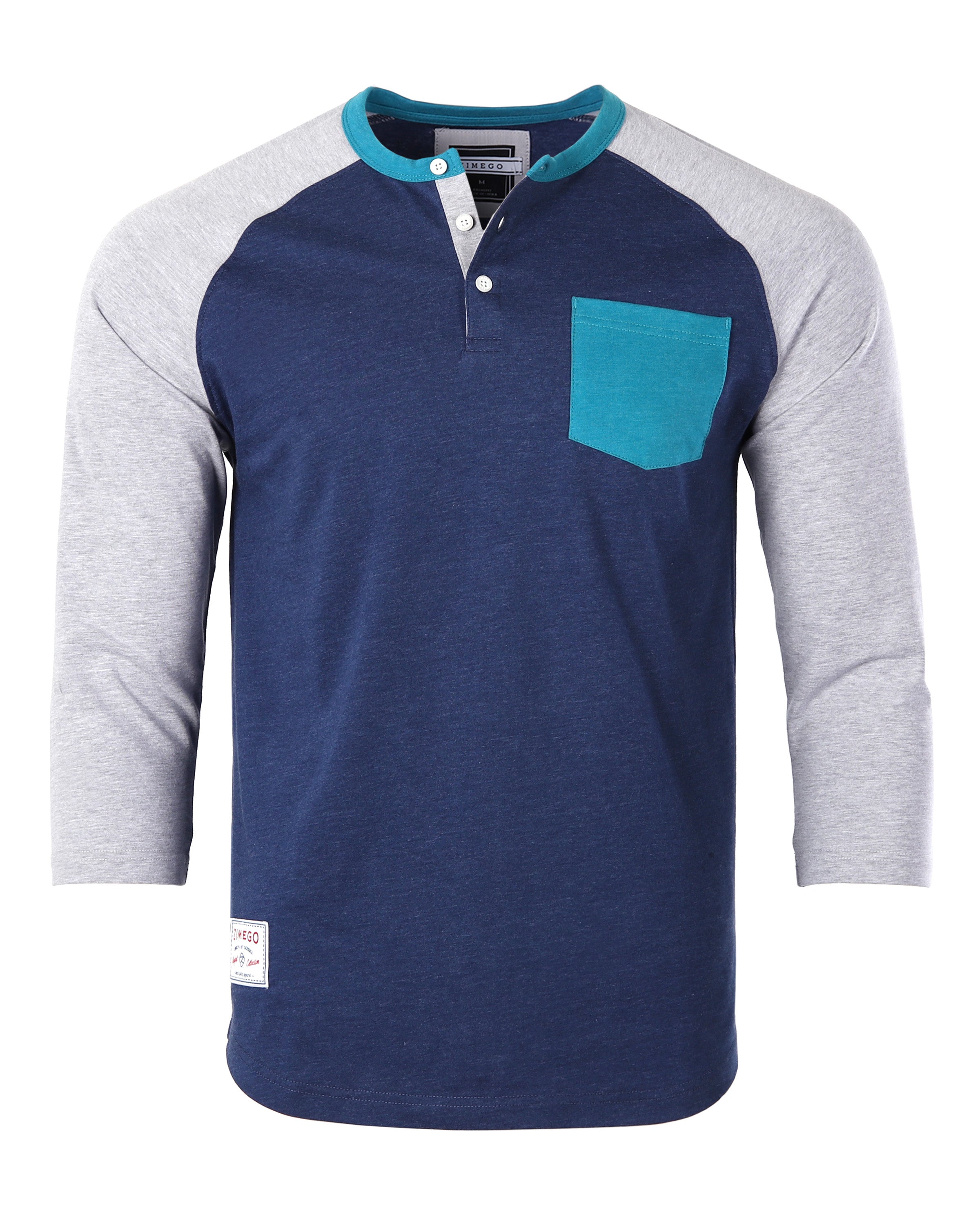 Contrast 3/4 Sleeve Stretch Casual Baseball Button Henley (Navy/Grey)