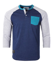 Contrast 3/4 Sleeve Stretch Casual Baseball Button Henley (Navy/Grey)