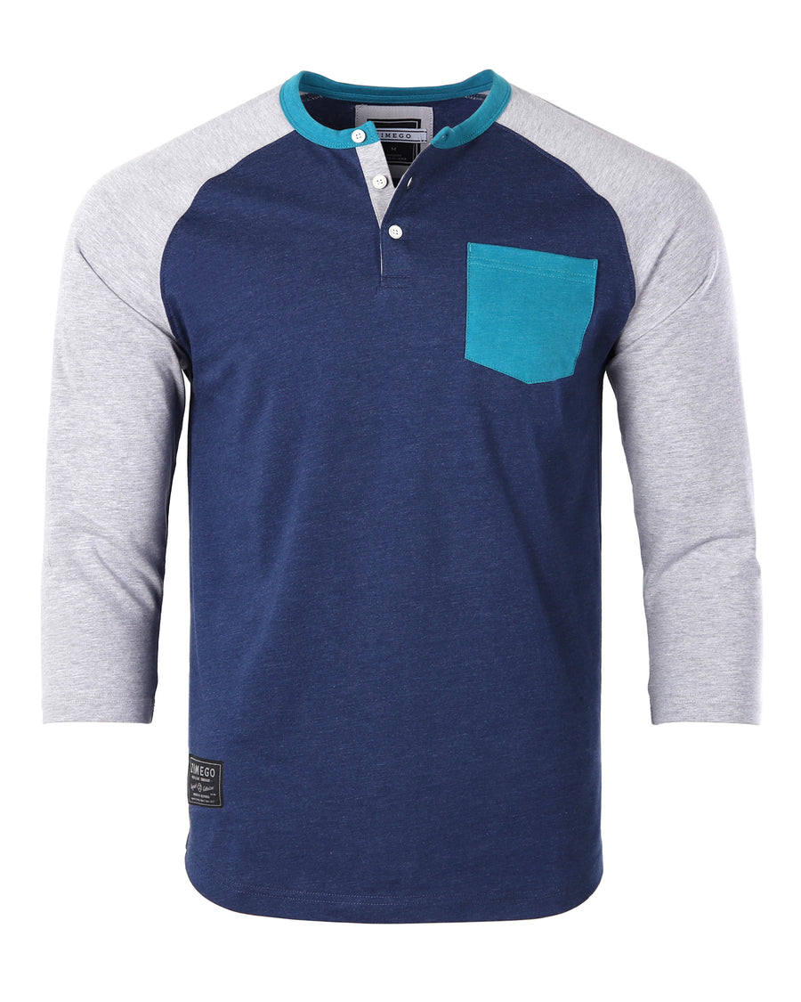Contrast 3/4 Sleeve Stretch Casual Baseball Button Henley (Navy/Grey)