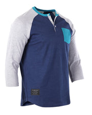 Contrast 3/4 Sleeve Stretch Casual Baseball Button Henley (Navy/Grey)