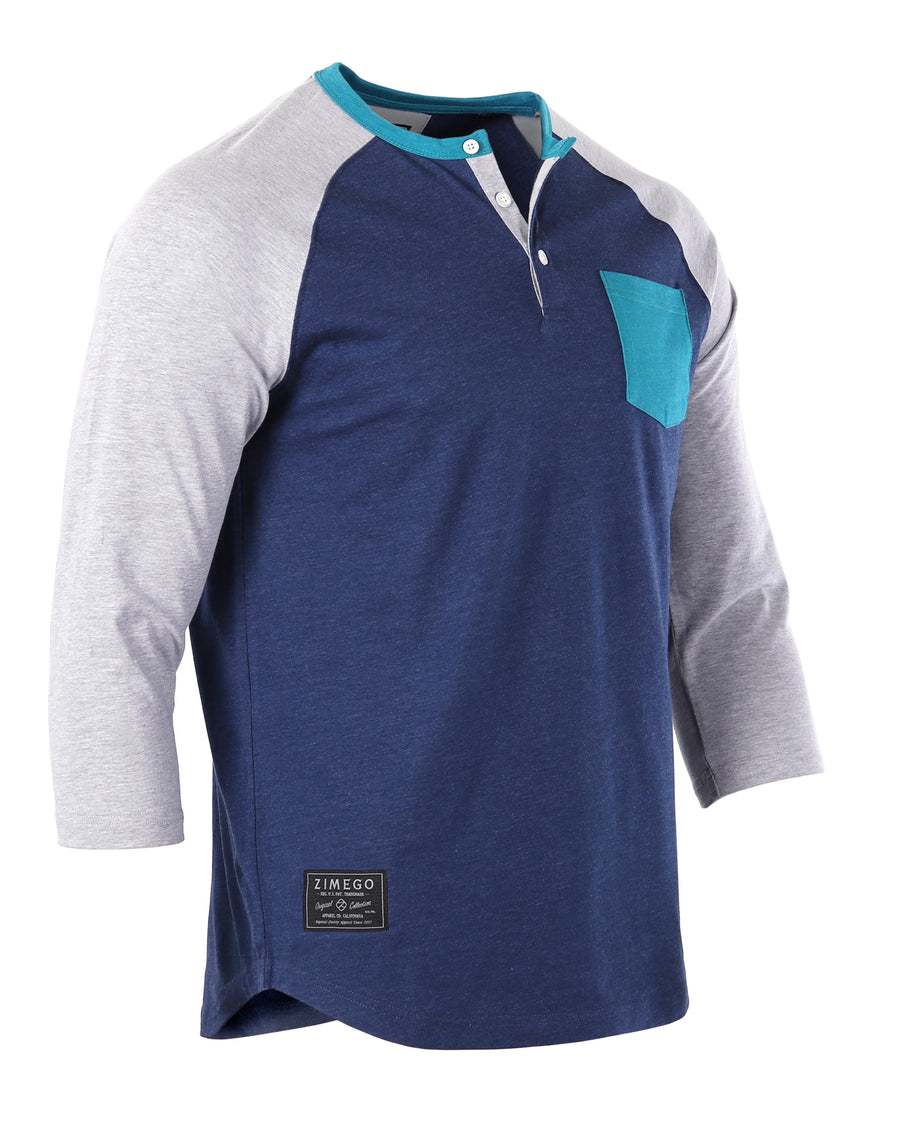 Contrast 3/4 Sleeve Stretch Casual Baseball Button Henley (Navy/Grey)