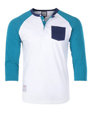 Contrast 3/4 Sleeve Stretch Casual Baseball Button Henley (White/Teal)