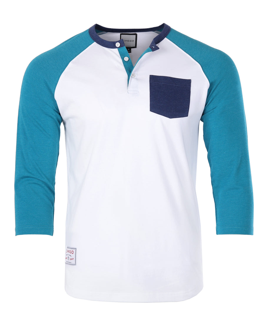 Contrast 3/4 Sleeve Stretch Casual Baseball Button Henley (White/Teal)