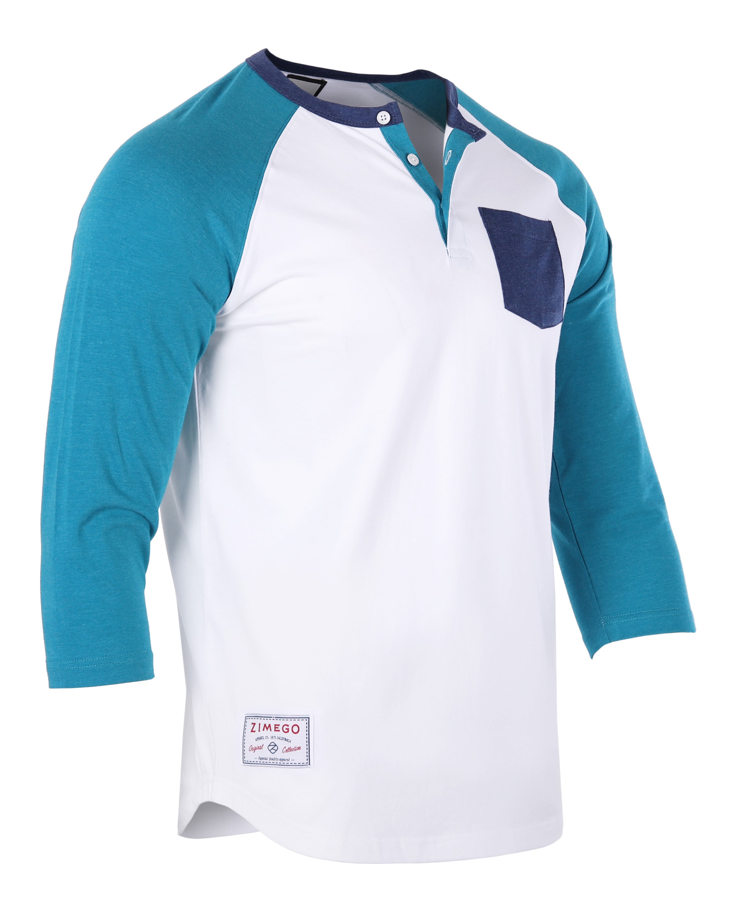 Contrast 3/4 Sleeve Stretch Casual Baseball Button Henley (White/Teal)