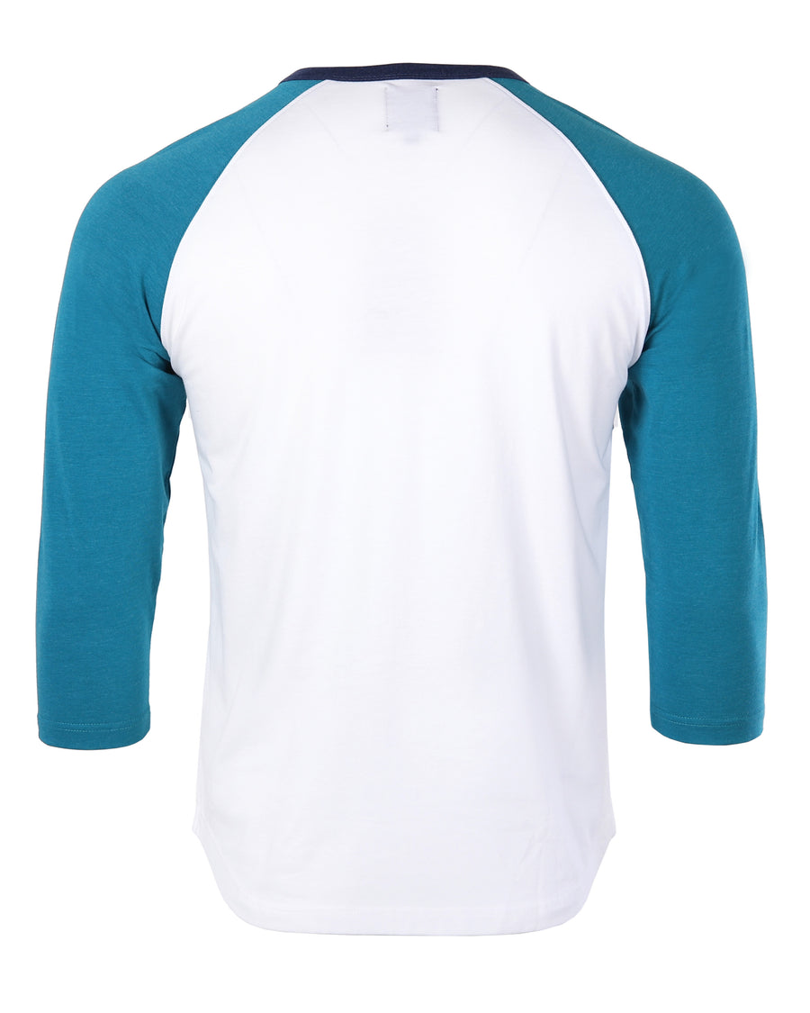 Contrast 3/4 Sleeve Stretch Casual Baseball Button Henley (White/Teal)