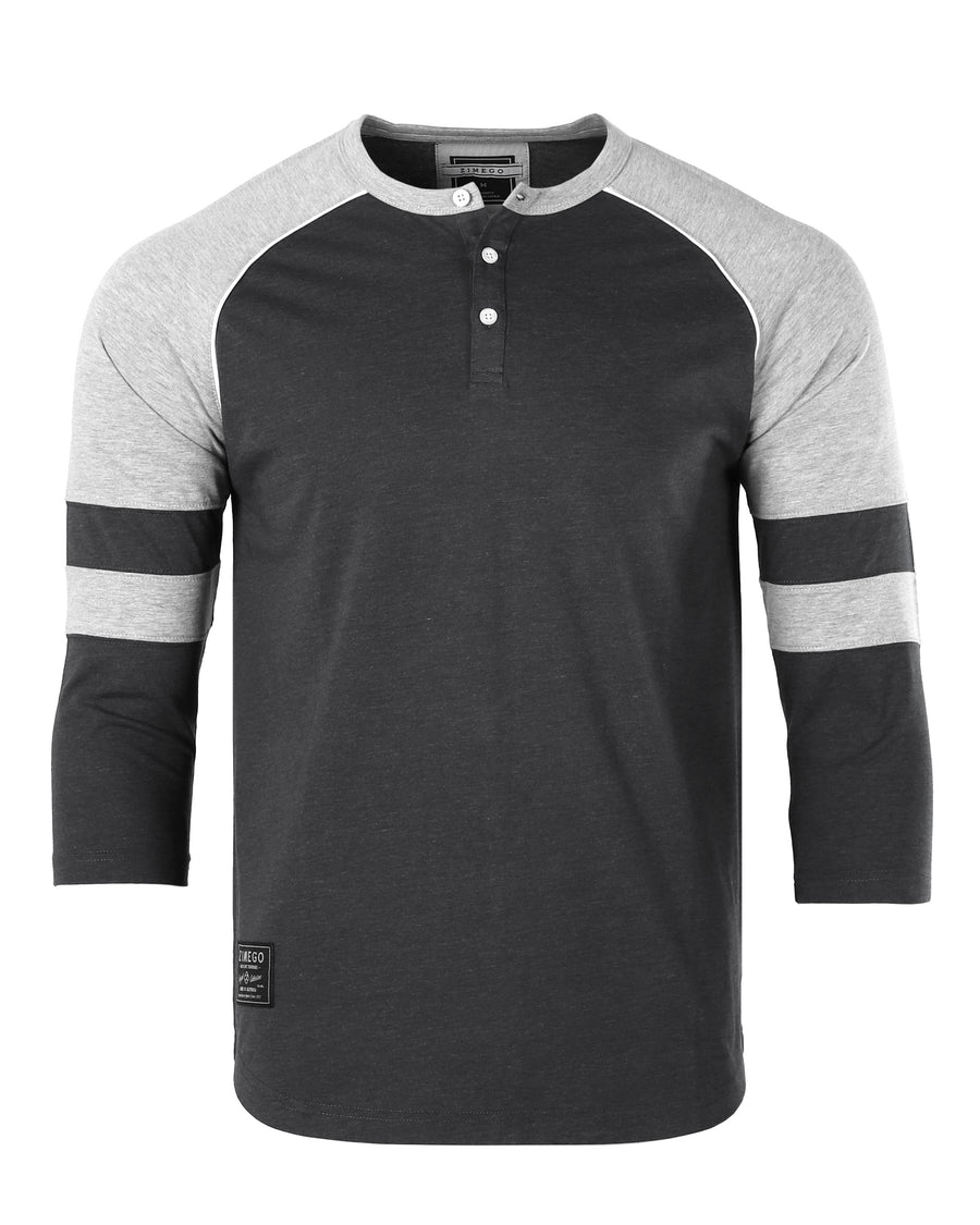 Color Block 3/4 Sleeve Stretch Casual Baseball Button Henley Shirts (Black/Grey)