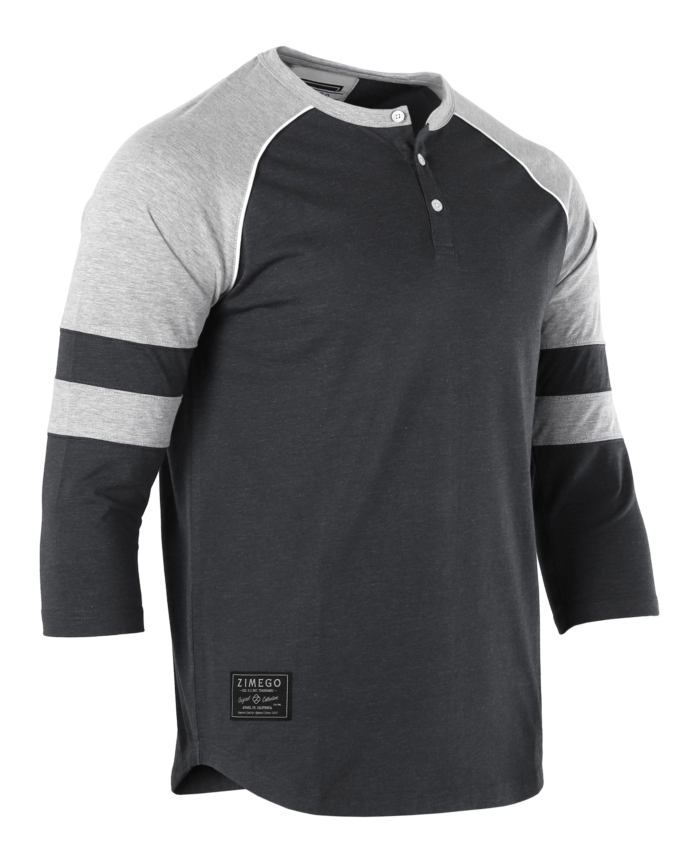 Color Block 3/4 Sleeve Stretch Casual Baseball Button Henley Shirts (Black/Grey)