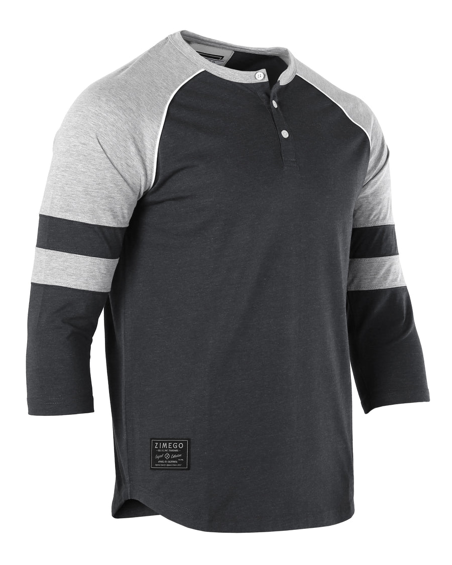 Color Block 3/4 Sleeve Stretch Casual Baseball Button Henley Shirts (Black/Grey)