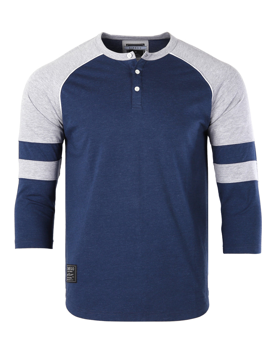 Color Block 3/4 Sleeve Stretch Casual Baseball Button Henley Shirts (Navy/Grey)