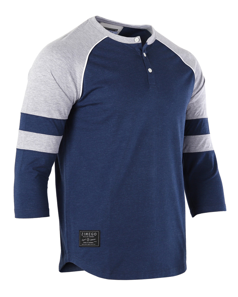 Color Block 3/4 Sleeve Stretch Casual Baseball Button Henley Shirts (Navy/Grey)
