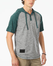 ZIMEGO Men's Short Sleeve Raglan Henley Hoodie Round Bottom Semi Longline T-Shirt