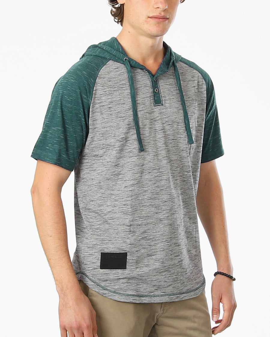 ZIMEGO Men's Short Sleeve Raglan Henley Hoodie Round Bottom Semi Longline T-Shirt