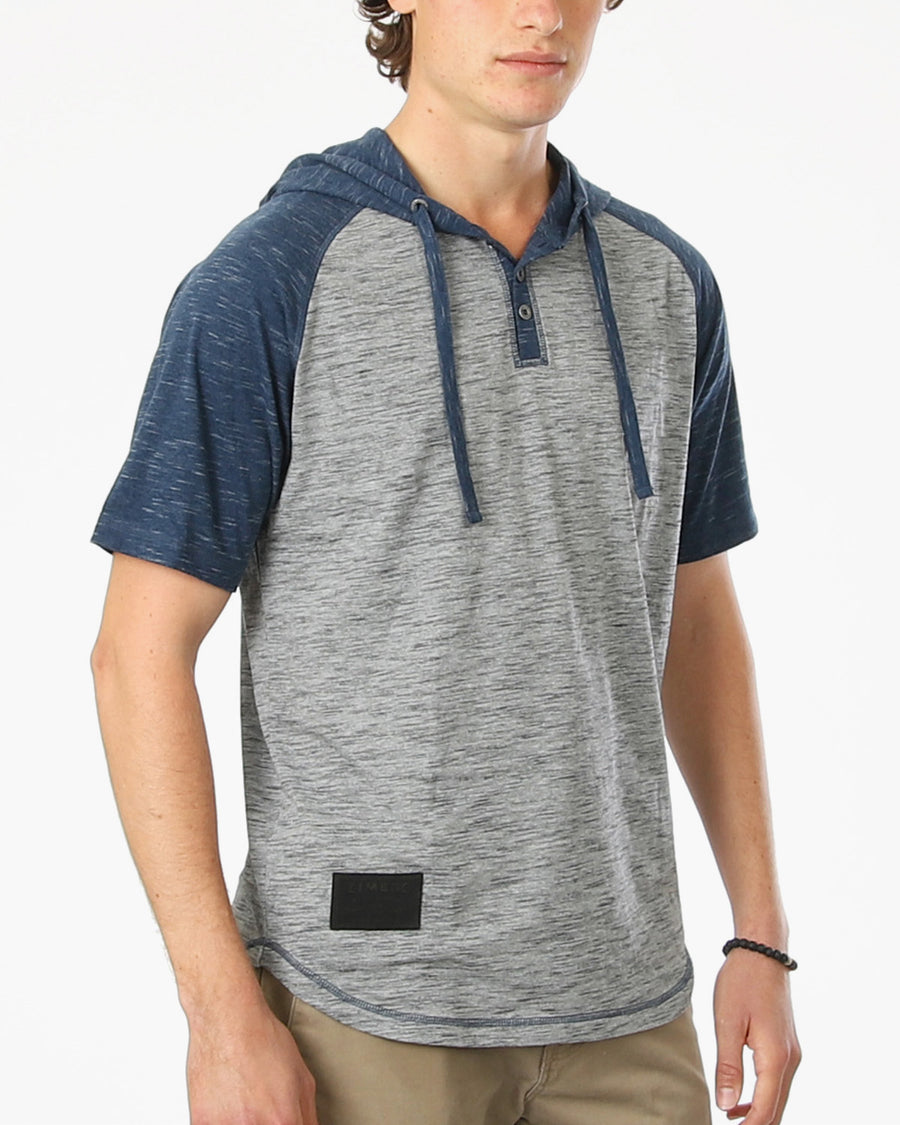 ZIMEGO Men's Short Sleeve Raglan Henley Hoodie Round Bottom Semi Longline T-Shirt