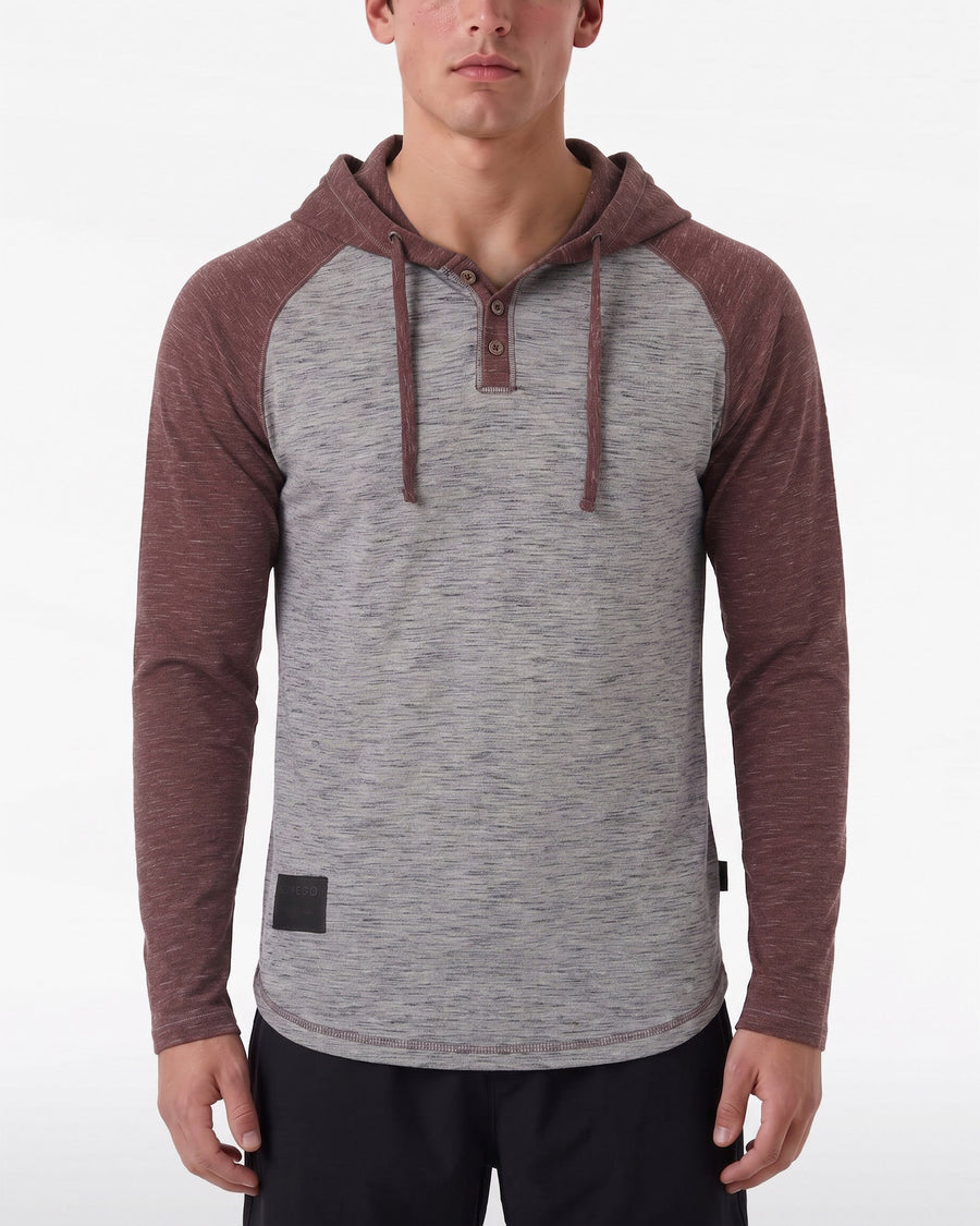 Long Sleeve Lightweight Hooded Henley (Grey Maroon)