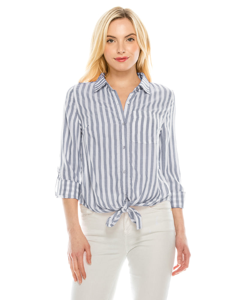 ZIMEGO  Women's Roll Up Sleeve Crop Top Tie Front Chambray Stripe Shirts