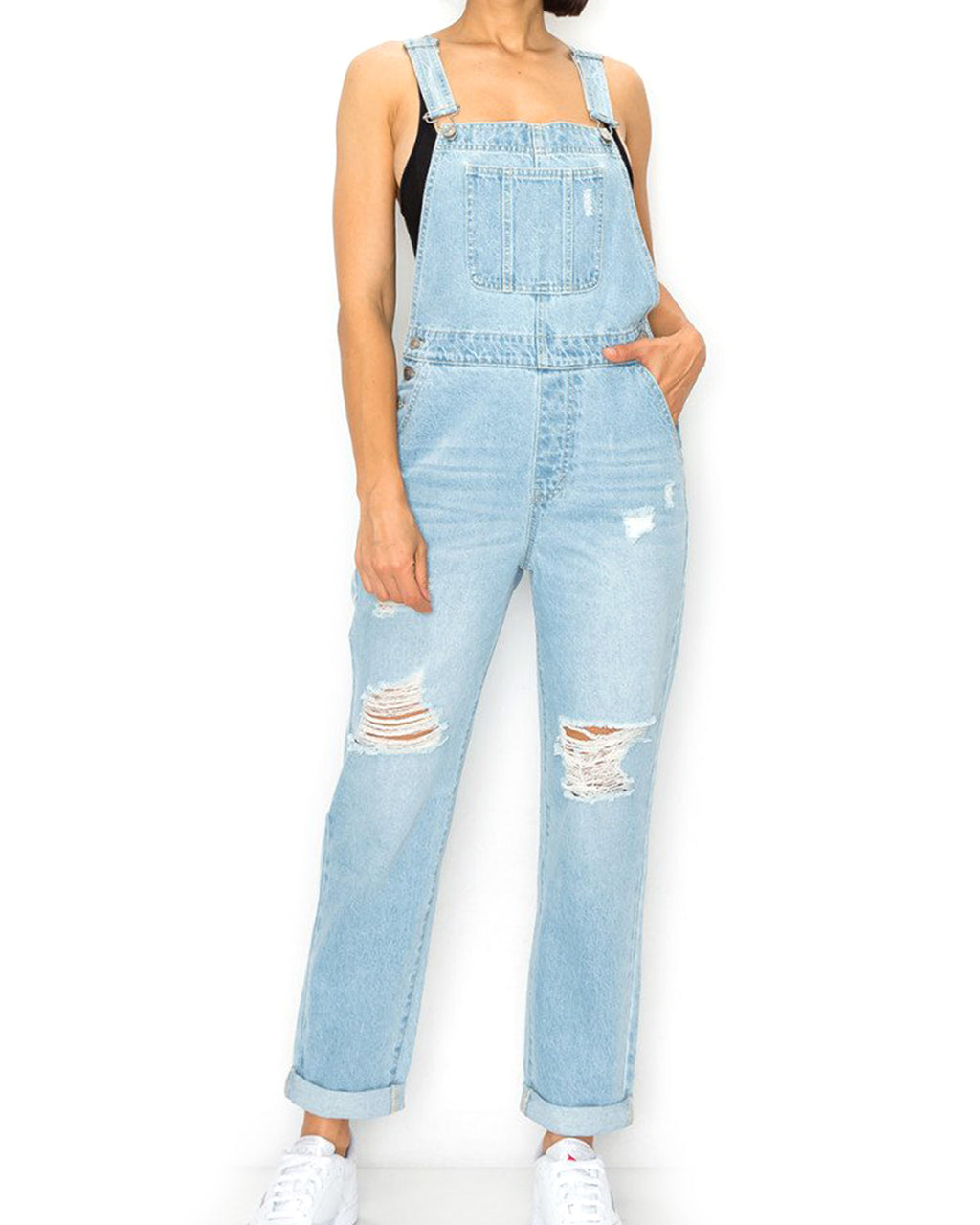 ZIMEGO Junior Non-Stretch Denim Destroyed Overalls Jumpsuit