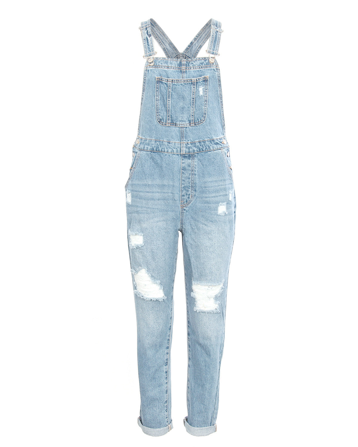 JUNIOR NON-STRETCH DENIM DESTROYED OVERALLS