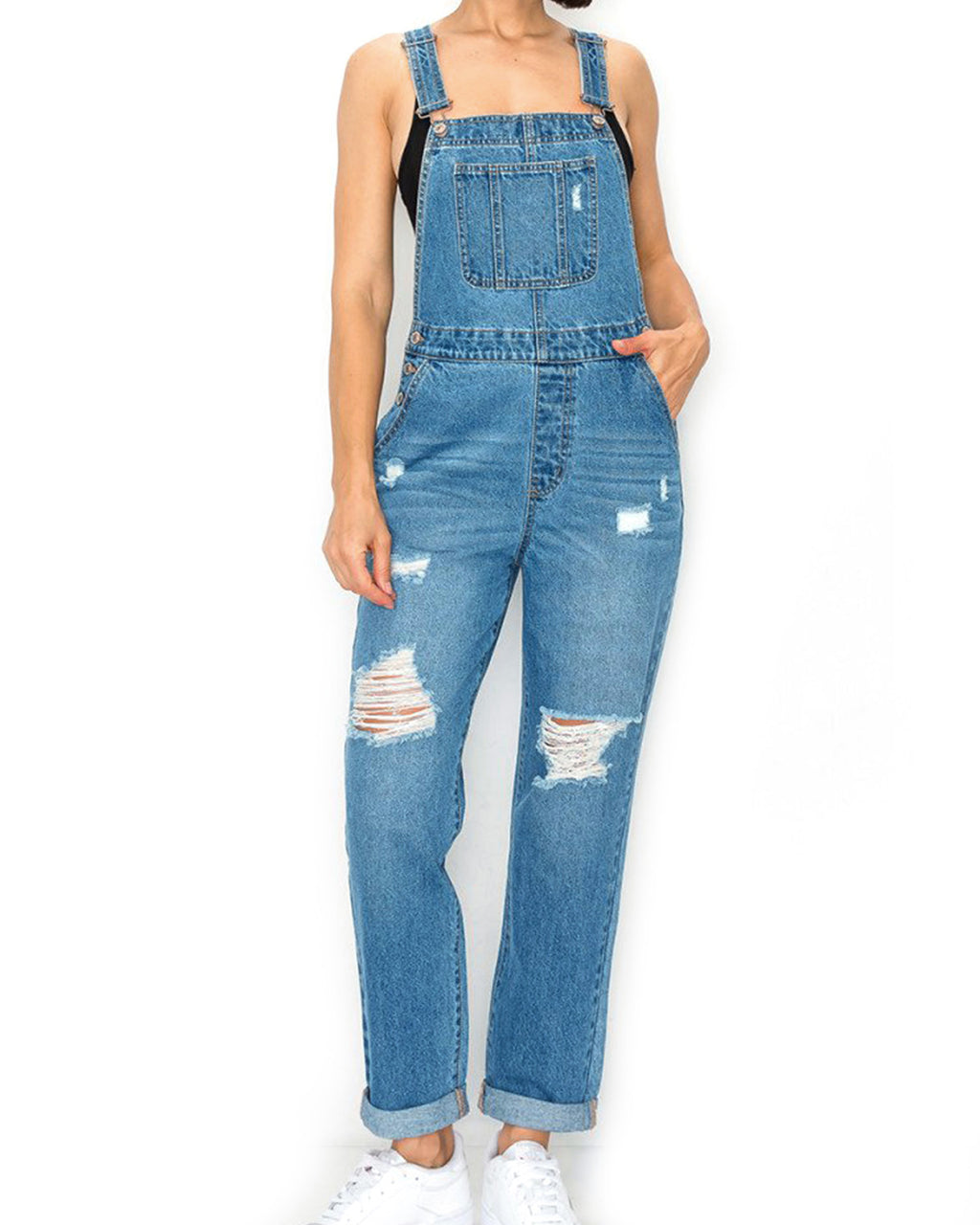 ZIMEGO Junior Non-Stretch Denim Destroyed Overalls Jumpsuit