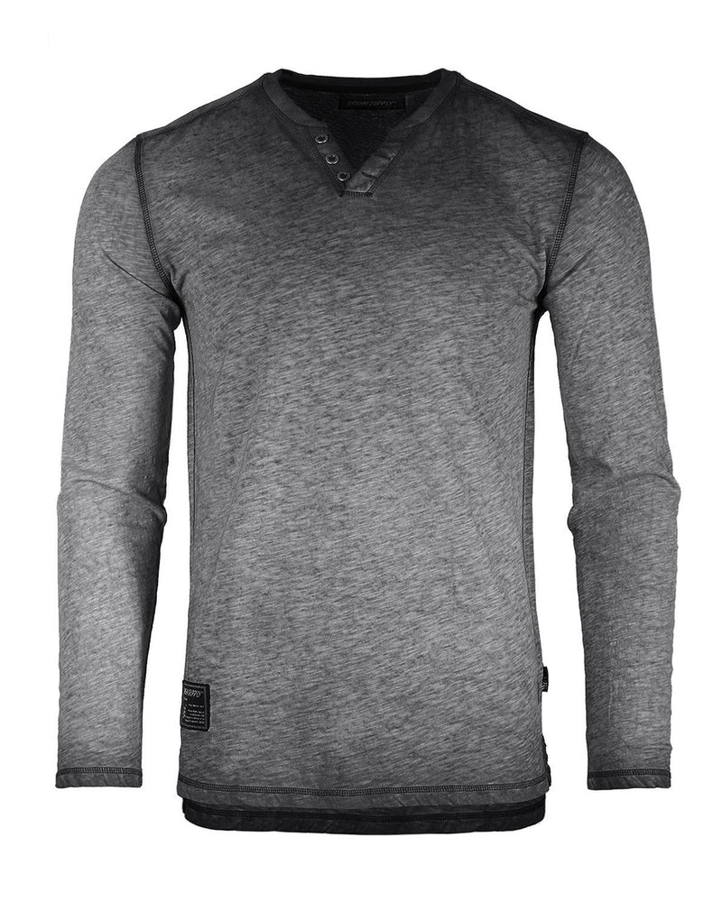 ZIMEGO Mens Long Sleeve V-Neck Henley Oil Wash Contrast Seam Vintage Shirt - Charcoal