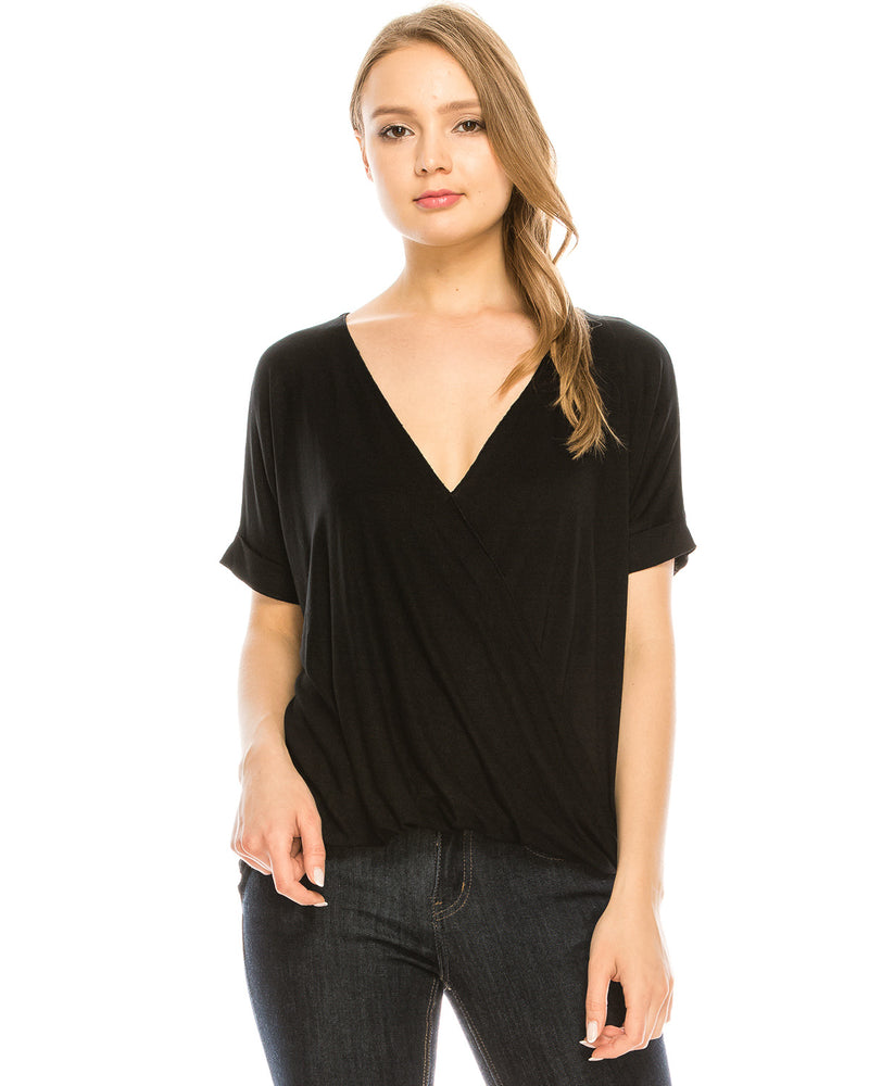 ZIMEGO Women's Surplice V Neck Crop Top Roll Up Short Sleeve Casual Blouse