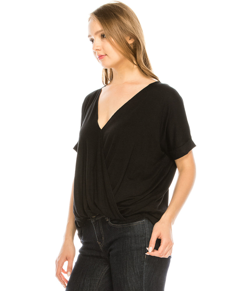 ZIMEGO Women's Surplice V Neck Crop Top Roll Up Short Sleeve Casual Blouse