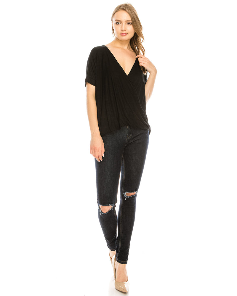 ZIMEGO Women's Surplice V Neck Crop Top Roll Up Short Sleeve Casual Blouse
