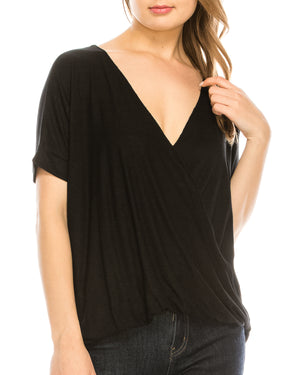 ZIMEGO Women's Surplice V Neck Crop Top Roll Up Short Sleeve Casual Blouse