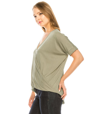ZIMEGO Women's Surplice V Neck Crop Top Roll Up Short Sleeve Casual Blouse