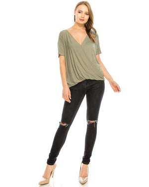 ZIMEGO Women's Surplice V Neck Crop Top Roll Up Short Sleeve Casual Blouse