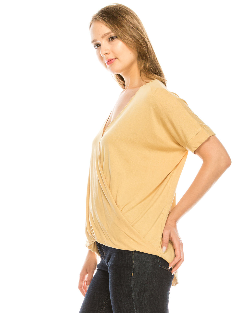 ZIMEGO  Women's Surplice V Neck Crop Top Roll Up Short Sleeve Casual Blouse