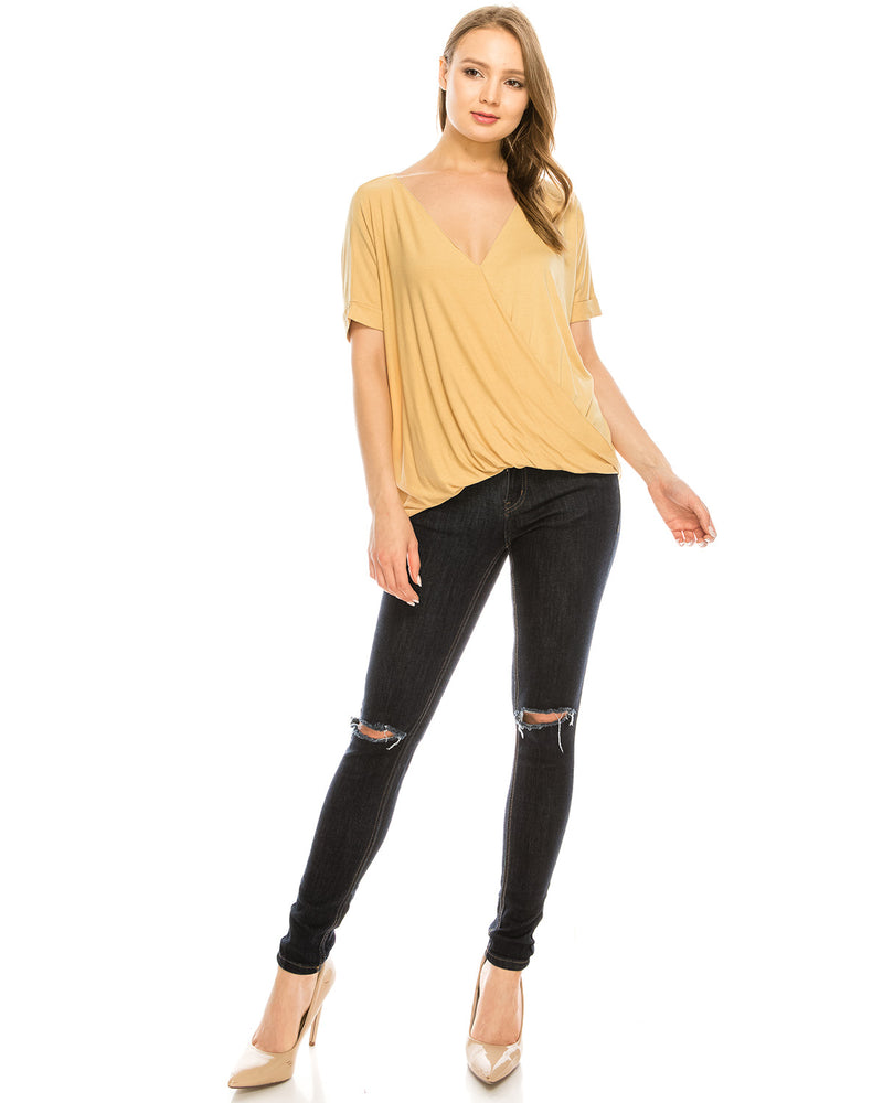 ZIMEGO  Women's Surplice V Neck Crop Top Roll Up Short Sleeve Casual Blouse