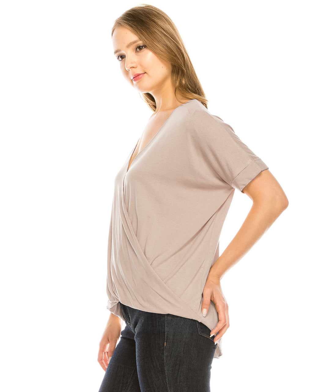 ZIMEGO Women's Surplice V Neck Crop Top Roll Up Short Sleeve Casual Blouse