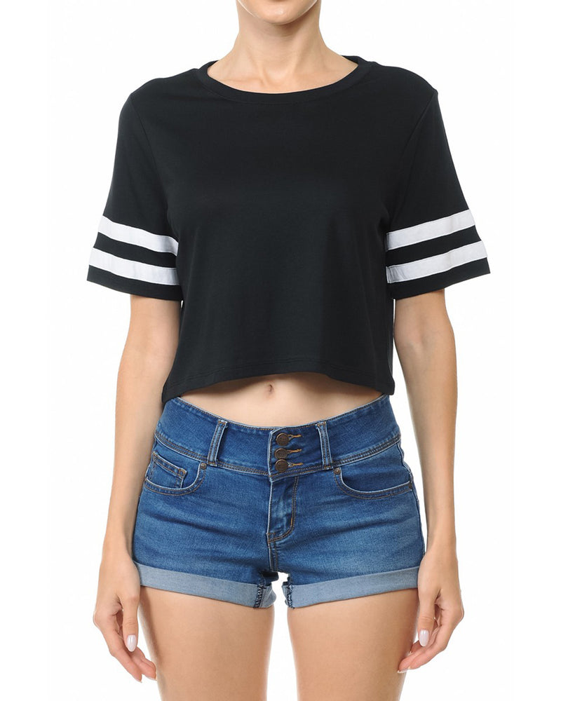 ZIMEGO  Women's Short Sleeve Crewneck Baseball Varsity Stripe Crop Top Tee