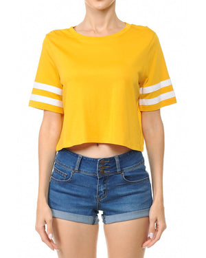 ZIMEGO Women's Short Sleeve Crewneck Baseball Varsity Stripe Crop Top Tee
