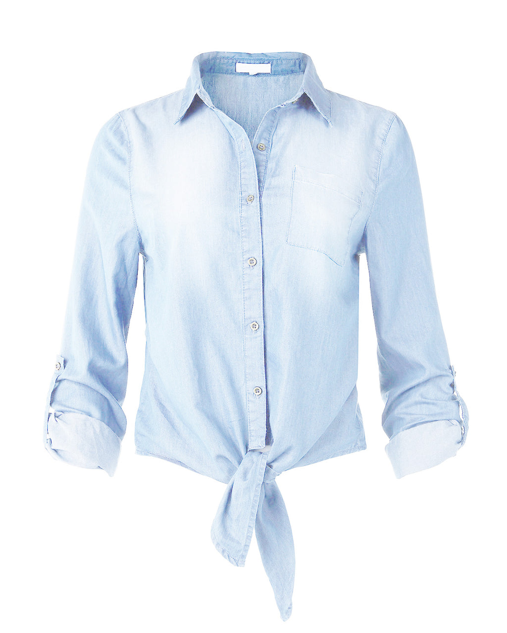 ZIMEGO  Women's Roll Up Sleeve Crop Top Tie Front Chambray Denim Shirts